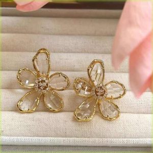 Unique Design Exaggerated Crystal Flower Big Earrings Temperament Summer Small Fragrance Flower Sterling Silver Stud Earrings