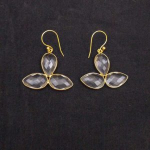 Handmade 925 Sterling Silver Pear Shape Crystal Quartz Hoop Earrings Gold Plated Bohemian Jewelry
