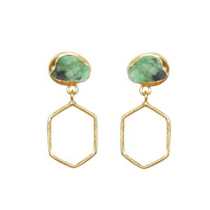 Handmade 925 Sterling Silver Drop Earrings with Natural Raw Emerald Gemstone Crystal Jewelry