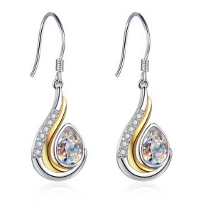 Vintage Two Tone 925 Sterling Silver Water Drop Crystal Hook Earrings for Women