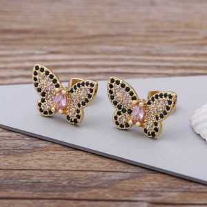Women's Butterfly Cubic Zirconia Stud Earrings Copper Gold Plated Trendy Jewelry Gift