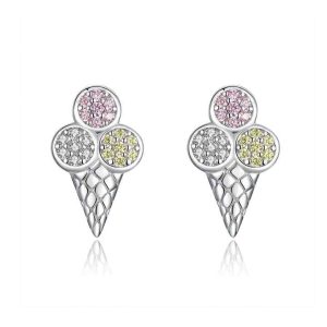 Cute Ice Cream Shaped 925 Sterling Silver Zircon Stud Earrings for Girls Colorful Rainbow Jewelry Gift