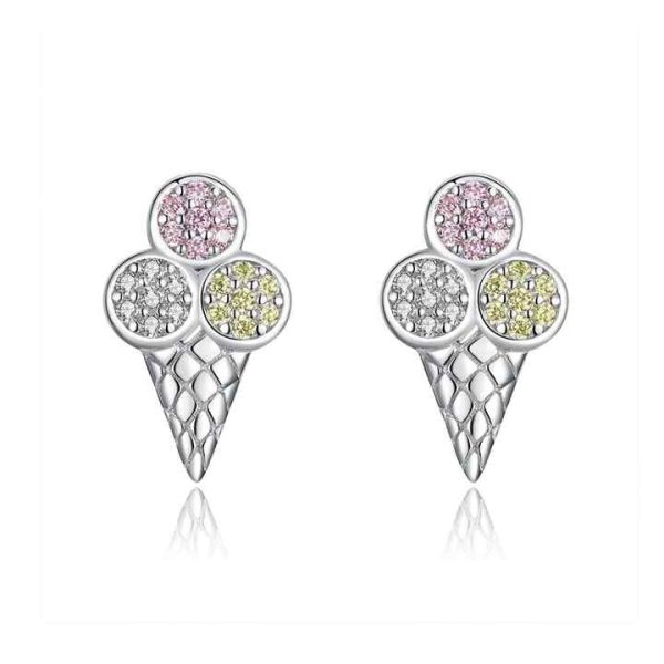 SCE642 Colorful Cute Ice Cream Shaped 925 Silver Cz Zircon Crystal rainbow Jewelry Stud Earrings Girls Gift