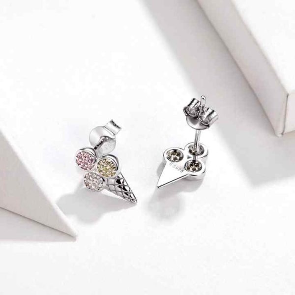 SCE642 Colorful Cute Ice Cream Shaped 925 Silver Cz Zircon Crystal rainbow Jewelry Stud Earrings Girls Gift