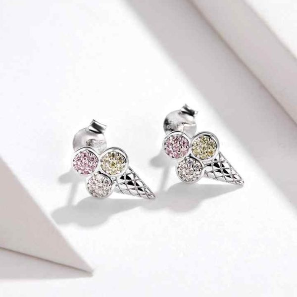 SCE642 Colorful Cute Ice Cream Shaped 925 Silver Cz Zircon Crystal rainbow Jewelry Stud Earrings Girls Gift