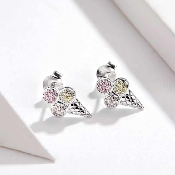 SCE642 Colorful Cute Ice Cream Shaped 925 Silver Cz Zircon Crystal rainbow Jewelry Stud Earrings Girls Gift