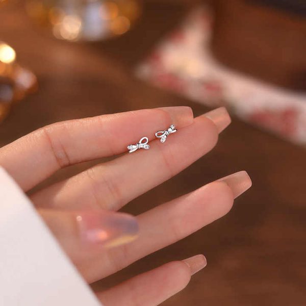 High Quality S999 Sterling Silver Zirconia Crystal Bowknot Stud Earrings for Women Jewelry Accessories YB-XY-109