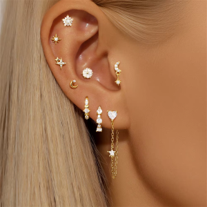 925 Sterling Silver Zircon Stud Earrings Trendy Moon Crystal Opal Design Push Back Ear Studs Set for Women