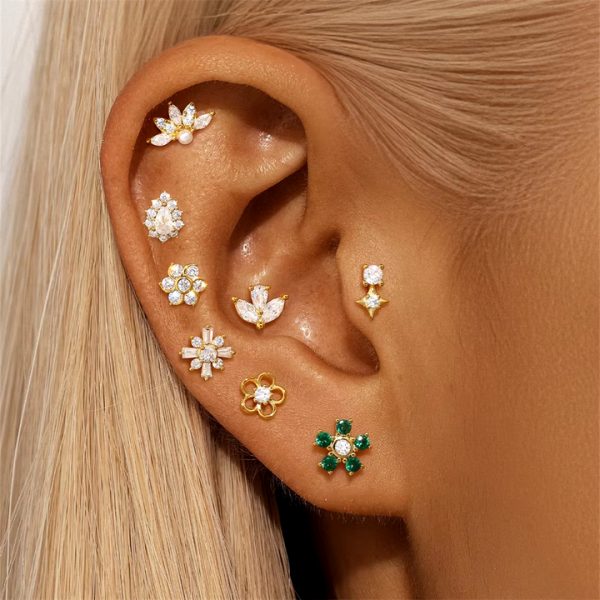 Wholesales 925 Sterling Silver Crystal Moon CZ Small Cute Ear Stud Push-back Gold Filled Humanoid Shape Opal Stud Earrings Set