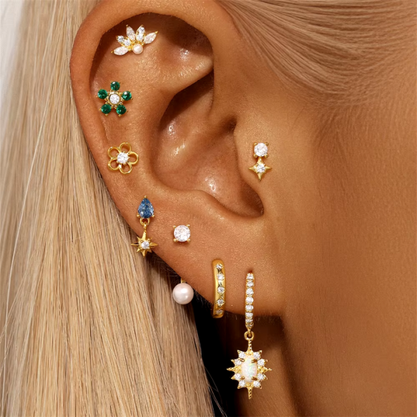 Wholesales 925 Sterling Silver Crystal Moon CZ Small Cute Ear Stud Push-back Gold Filled Humanoid Shape Opal Stud Earrings Set