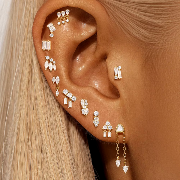 Wholesales 925 Sterling Silver Crystal Moon CZ Small Cute Ear Stud Push-back Gold Filled Humanoid Shape Opal Stud Earrings Set