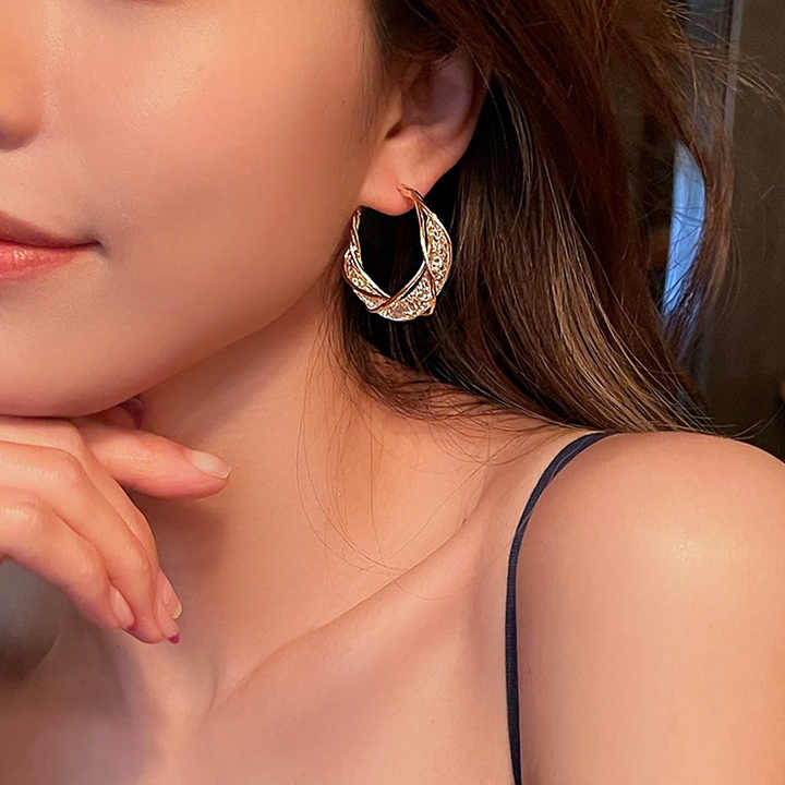 Perfect Quality Small Design Twisting Metal Ear Ring Exaggerated Personality Light Luxury Zircon Grid Crystal Earrings Earrings
