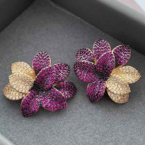 Gold Plated Brass Flower Hoop Earrings with Zircon Stones for Weddings Parties Anniversaries Gifts