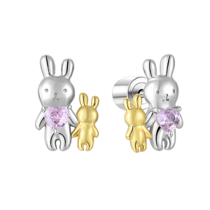 925 Sterling Silver Stud Earrings Gold Plated Cute Cartoon Rabbit with Pink Heart Crystal Zircon for Girls and Kids Jewelry