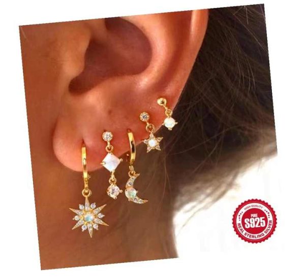 Jewellery Manufacturer Gold Plated 2024 New Arrival Women Crystal S925 Sterling Silver Opal Stone Moon and Star Huggie Earrings