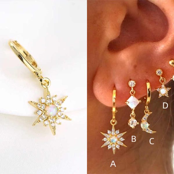 Jewellery Manufacturer Gold Plated 2024 New Arrival Women Crystal S925 Sterling Silver Opal Stone Moon and Star Huggie Earrings