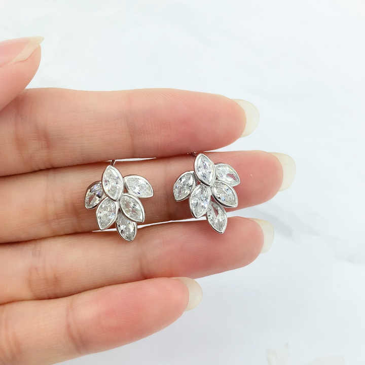 925 Sterling Silver Shiny Marquise Leaf Cubic Zirconia CZ Crystal Stud Earrings for Women or Wedding Party