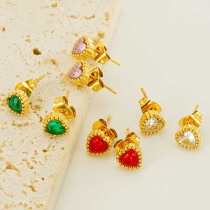 18K Gold Plated Heart Stud Earrings with Micro Pave Crystal Zirconia Stainless Steel Romantic Jewelry for Women Wedding Anniversary Gift