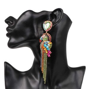 Vibrant Multi-Color Crystal Rhinestone Parrot Drop Earrings with Gold Plated Chain Tassel Design