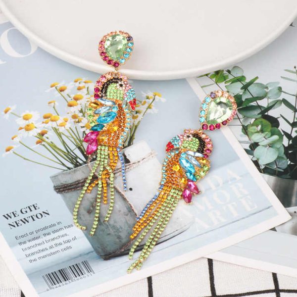 Multi Color Crystal Animal Jewelry Long Crystal Chain Tassel Dangle Earrings Rainbow Rhinestone Parrot Earrings