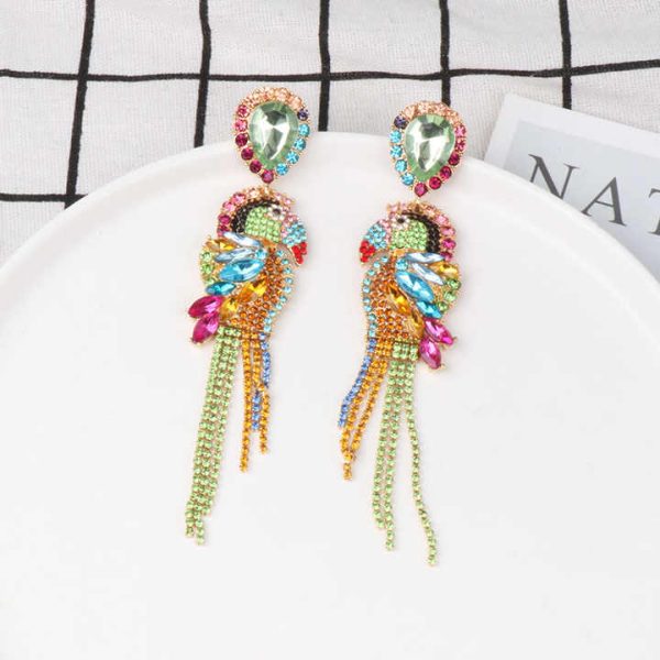 Multi Color Crystal Animal Jewelry Long Crystal Chain Tassel Dangle Earrings Rainbow Rhinestone Parrot Earrings
