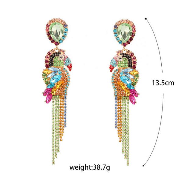 Multi Color Crystal Animal Jewelry Long Crystal Chain Tassel Dangle Earrings Rainbow Rhinestone Parrot Earrings