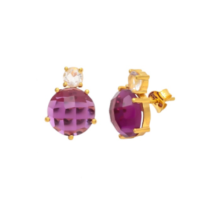 Gold Plated Pink Quartz Crystal Stud Earrings in 925 Sterling Silver with Round Gemstone Design
