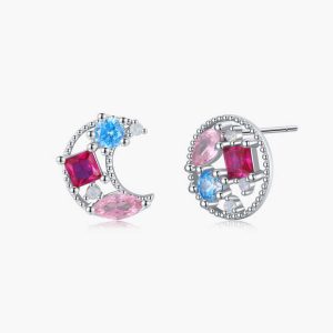 925 Sterling Silver Moon Sun Zircon Asymmetrical Stud Earrings for Women