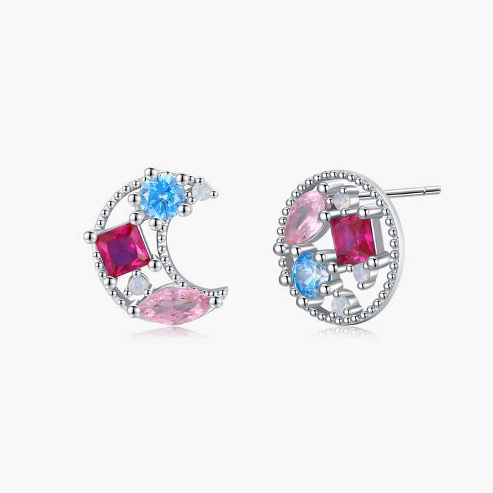 Sparkling Fine Jewelry Fashion Daily Accessories 925 Sterling Silver Moon Sun Crystal Asymmetrical Stud Earrings for Women
