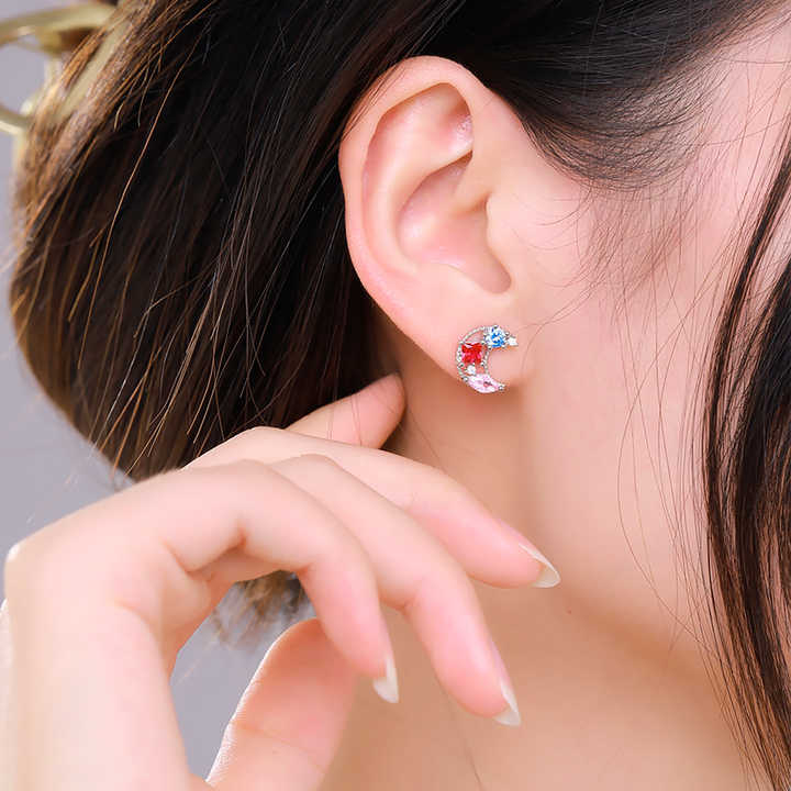 Sparkling Fine Jewelry Fashion Daily Accessories 925 Sterling Silver Moon Sun Crystal Asymmetrical Stud Earrings for Women