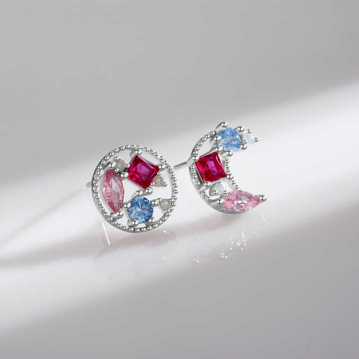 Sparkling Fine Jewelry Fashion Daily Accessories 925 Sterling Silver Moon Sun Crystal Asymmetrical Stud Earrings for Women