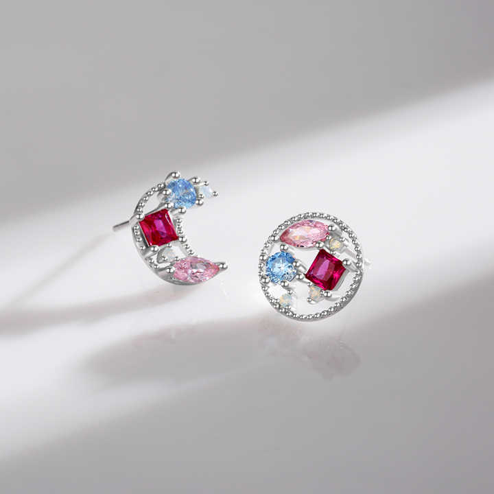 Sparkling Fine Jewelry Fashion Daily Accessories 925 Sterling Silver Moon Sun Crystal Asymmetrical Stud Earrings for Women