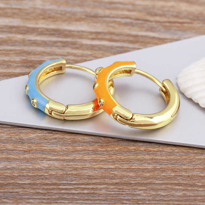Fashion Design Gold Plated Crystal Stud Earrings Round Circle Cubic Zircon Copper Enamel Color Friendship Gift Wholesale