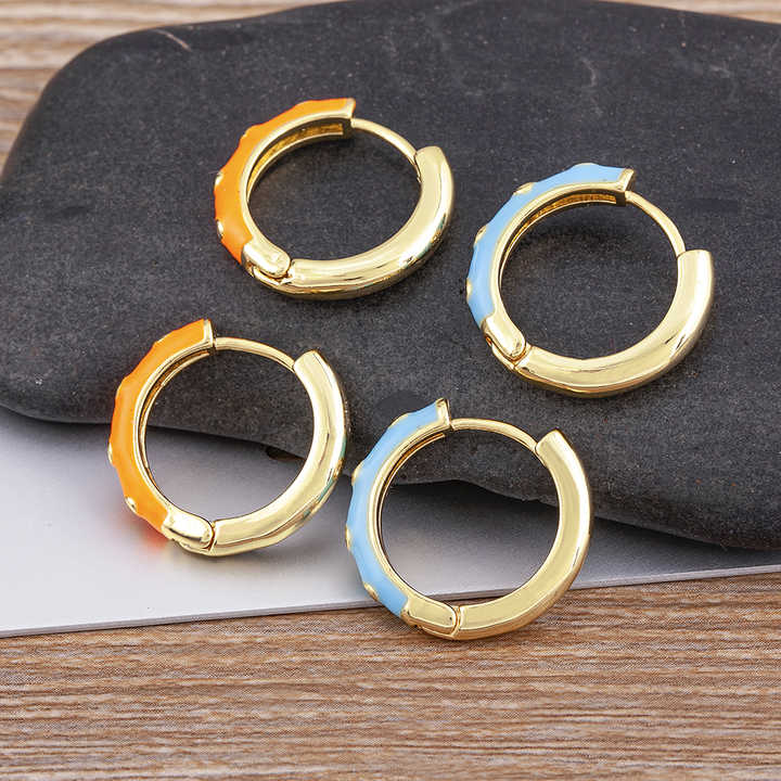 Fashion Design Gold Plated Crystal Stud Earrings Round Circle Cubic Zircon Copper Enamel Color Friendship Gift Wholesale