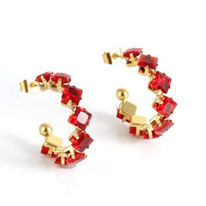 18K Gold Plated Stainless Steel Zircon C-Shaped Hoop Stud Earrings for Women