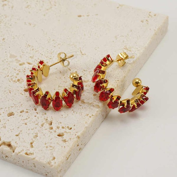 High Quality 18K Gold Plated Crystal Gemstone Earrings Stainless Steel C Shaped Zircon Hoop Earrings for Women