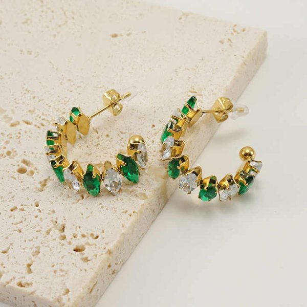 High Quality 18K Gold Plated Crystal Gemstone Earrings Stainless Steel C Shaped Zircon Hoop Earrings for Women