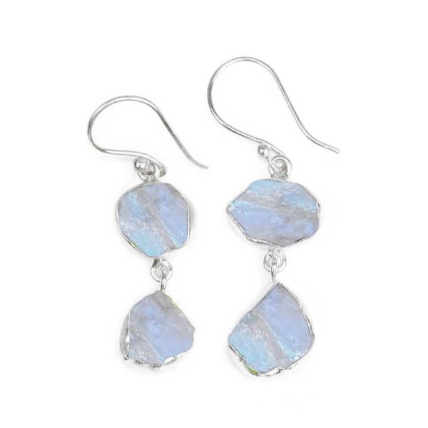 Handmade Gold-Plated Double Gemstone Dangle Earrings Natural Rough Rainbow Moonstone Crystal Protection for Gifts Men Women