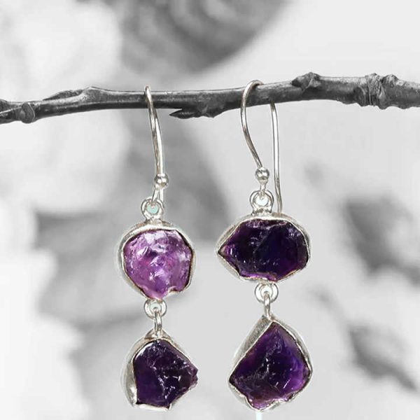 Handmade Gold-Plated Double Gemstone Dangle Earrings Natural Rough Rainbow Moonstone Crystal Protection for Gifts Men Women