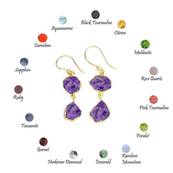 Handmade Gold-Plated Double Gemstone Dangle Earrings Natural Rough Rainbow Moonstone Crystal Protection for Gifts Men Women