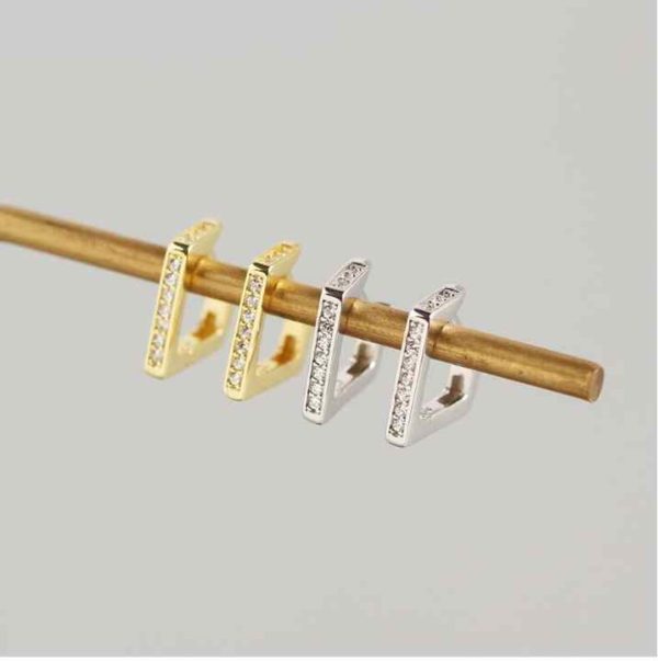 Minimal 925 Sterling Silver Women Jewelry Geometric Rectangle Crystal Small Hoops CZ Pave Square Hoop Earrings