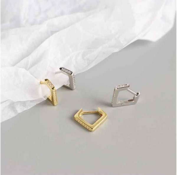 Minimal 925 Sterling Silver Women Jewelry Geometric Rectangle Crystal Small Hoops CZ Pave Square Hoop Earrings