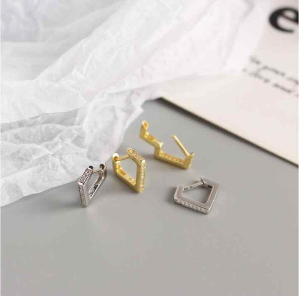 Minimal 925 Sterling Silver Women Jewelry Geometric Rectangle Crystal Small Hoops CZ Pave Square Hoop Earrings