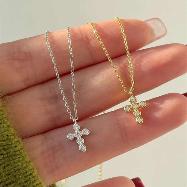 Personality 14K Gold Plated S925 Sterling Silver Mini Cross Necklace Women's Collarbone Chain Fine Jewelry Necklace