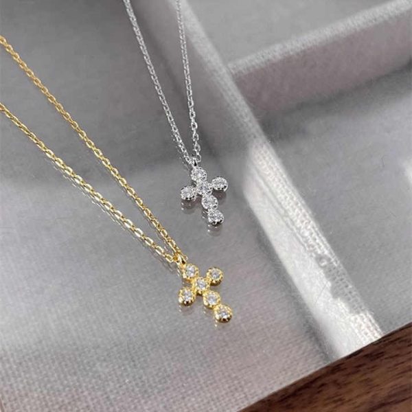 Personality 14K Gold Plated S925 Sterling Silver Mini Cross Necklace Women's Collarbone Chain Fine Jewelry Necklace