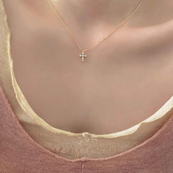 Personality 14K Gold Plated S925 Sterling Silver Mini Cross Necklace Women's Collarbone Chain Fine Jewelry Necklace