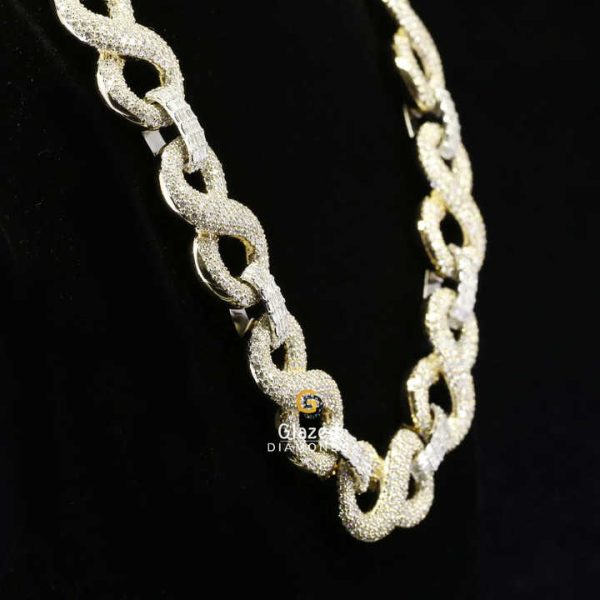 Sparkling Round and Baguette Cut VVs Clarity Moissanite Diamonds Fully Iced Out 925 Sterling Silver Hip Hop Cuban Link Chain