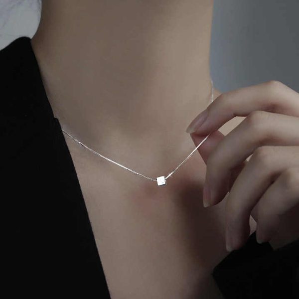 925 Silver Small square Candy Necklace Women Chic Niche Geometric square Collarbone Chain Fine Jewellery Necklaces