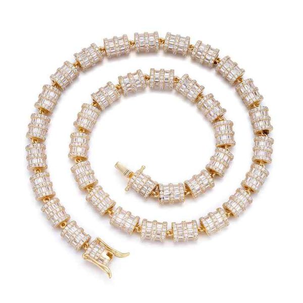New Mondel Hip Hop 7mm Ice Out Zircon Twist Round Cylinder 10k Yellow Gold Plated 925 Sterling Silver Tennis Necklace