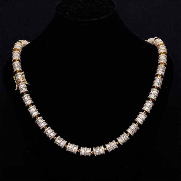 New Mondel Hip Hop 7mm Ice Out Zircon Twist Round Cylinder 10k Yellow Gold Plated 925 Sterling Silver Tennis Necklace